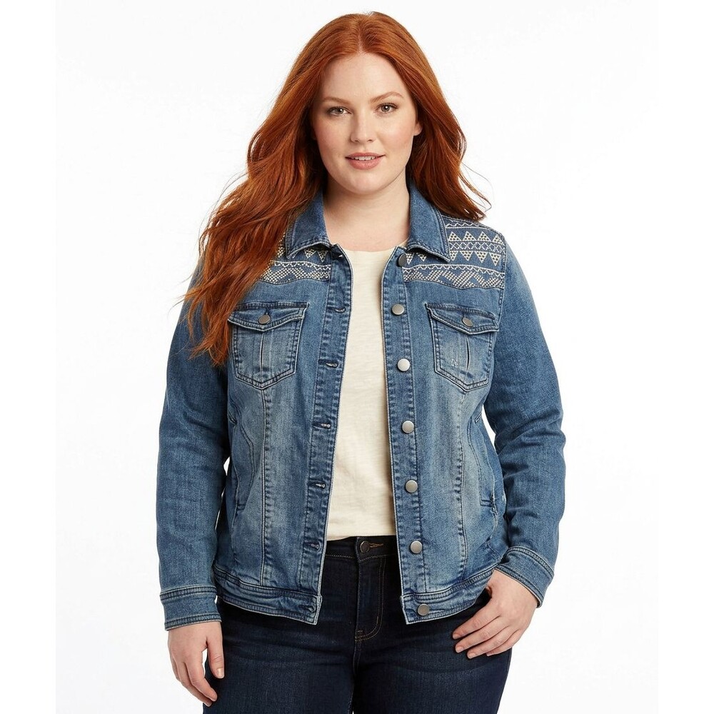 Tantrums Denim Jacket Womens Medium Blue Embroidered Jean Boho Floral Button Up